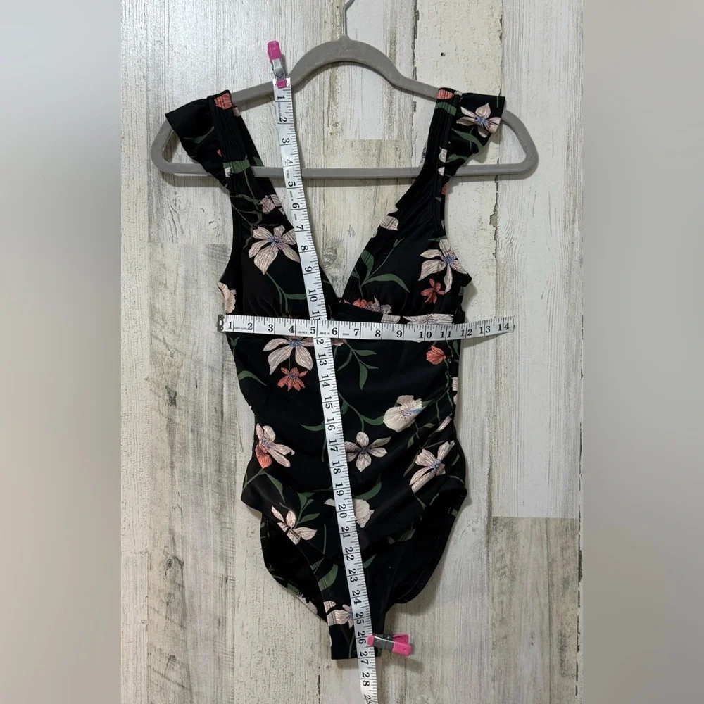 Shade & Shore Black Whit Green One Piece Swimsuit Floral V-Neckline NWT XS